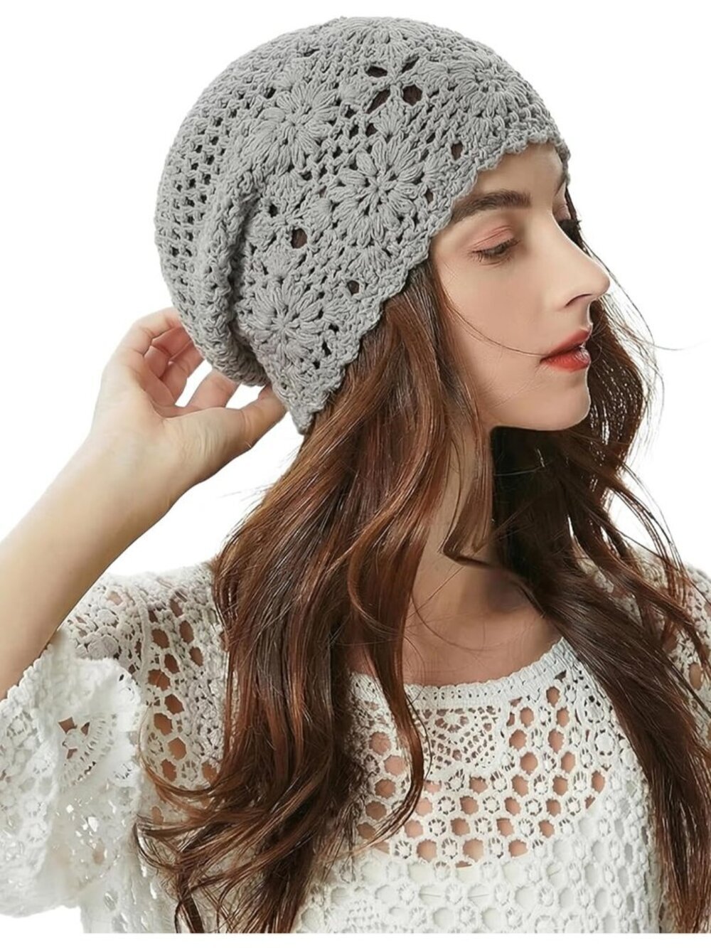 Women's Cotton Crochet Slouchy Beanie Hat Knit Summer Skull Cap Solid Grey